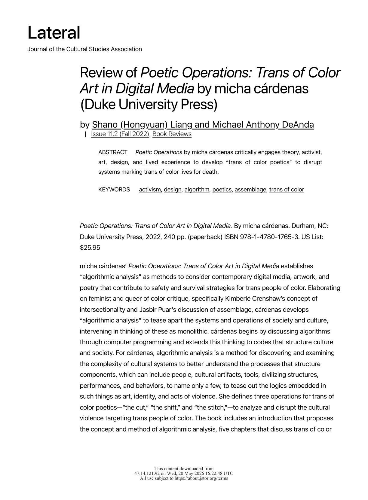Review: Review of Poetic Operations: Trans of Color Art in Digital Media by micha cárdenas (Duke University Press) preview